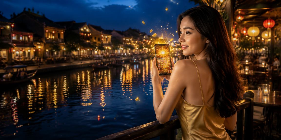 Người dùng thư giãn tại Hội An, thưởng thức cà phê và trải nghiệm slot game trên điện thoại