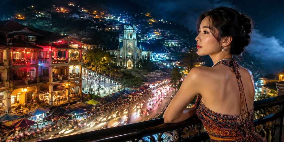 Không khí giải trí về đêm tại Sa Pa với ánh đèn neon và người chơi trực tuyến